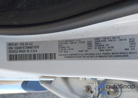 2021 Ram 1500 Big Horn 4X4 6'4 Box z USA, uszkodzony, nr VIN 1C6SRFBTXMN677579